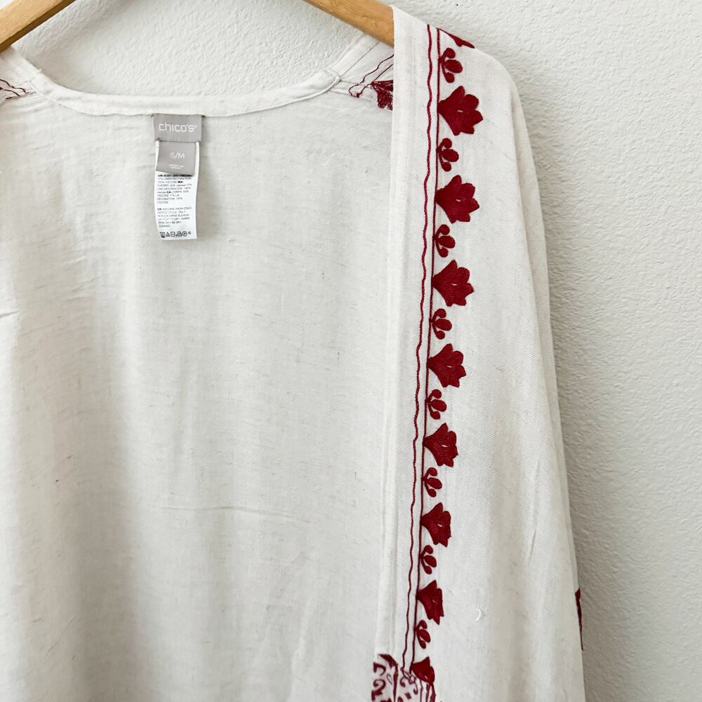 CHICO’S | White Red Embroidered Boho Print Open Front Vest Kimono | Small Medium - Picture 3 of 8